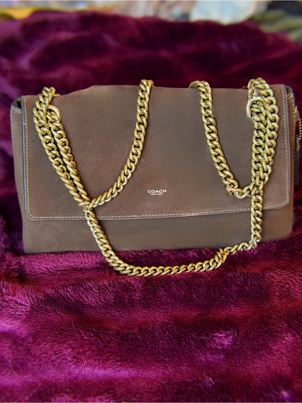 Coach Chocolate Brown Suede Shoulder Bag with Gold Chain